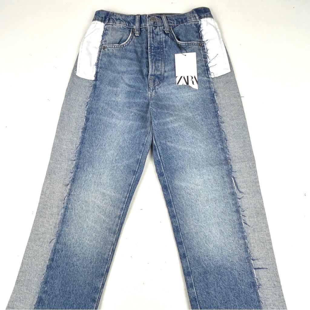 Zara Reconstructed Cropped Straight Blue Jeans 9863241 Size 2 Brand New Tags
